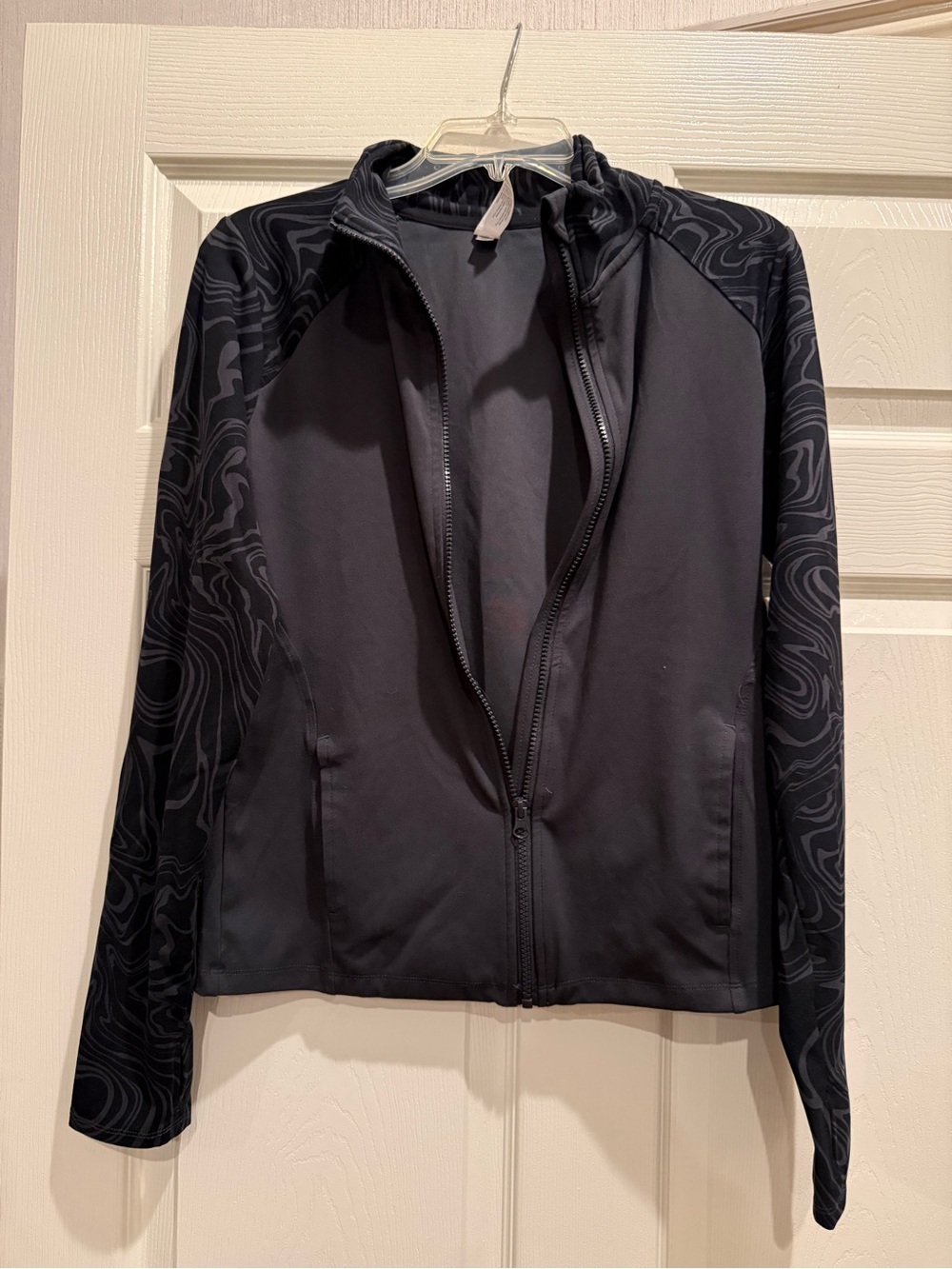 90 Degree By Reflex Black Zip-Up Bomber Jacket with Patterned Sleeves